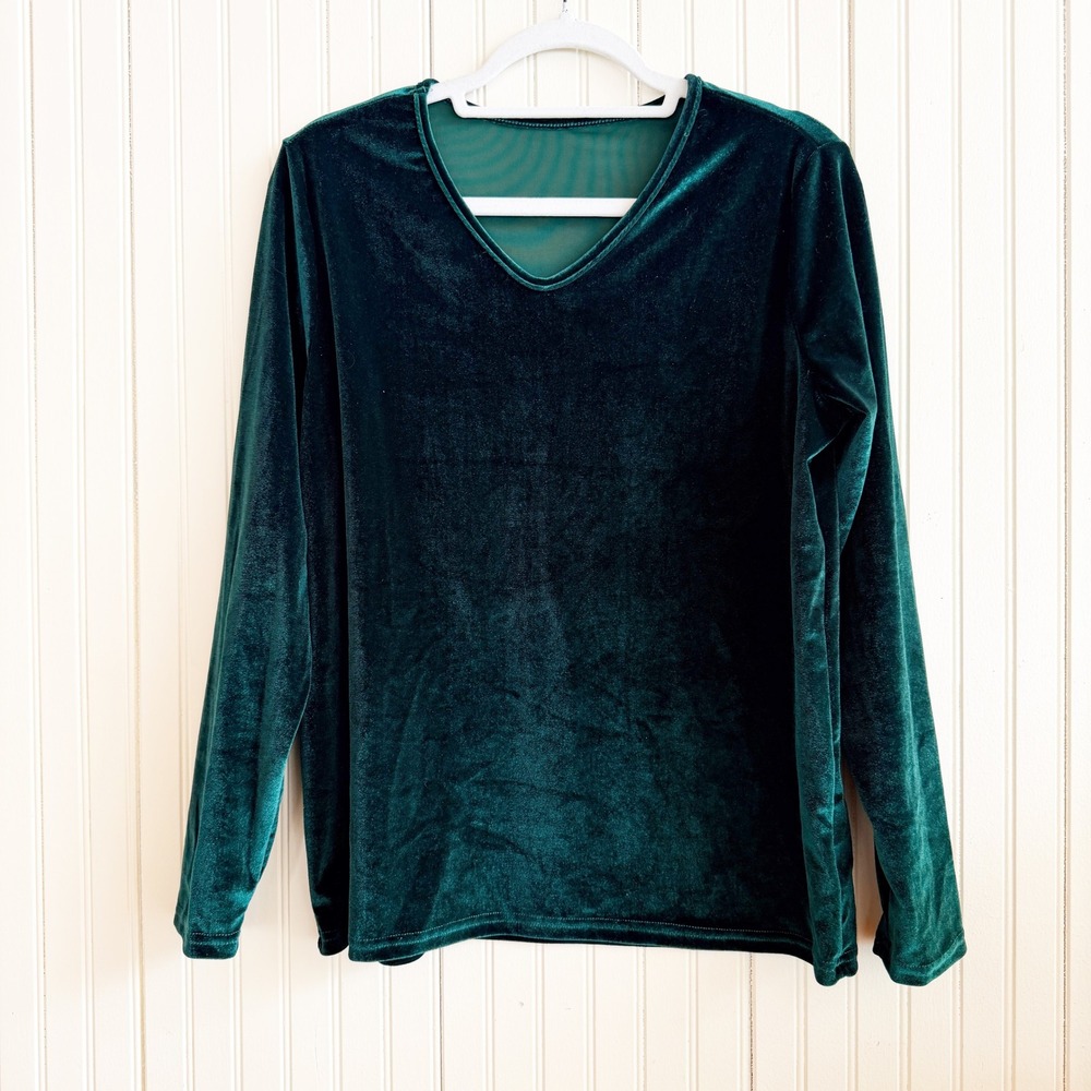 Women's Green‎ Long Sleeve Velour V Neck Top - Size M -